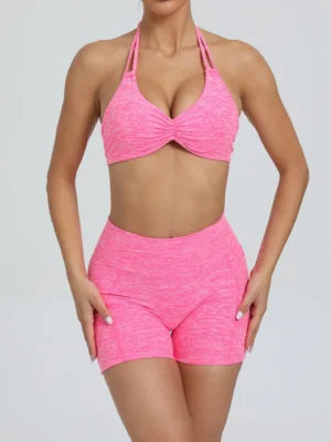 2 Pieces Sports Set Yoga Fitness Waist High Pockets for Raising Hip Shorts Backless Bra Suits Training Leggings Set for Women